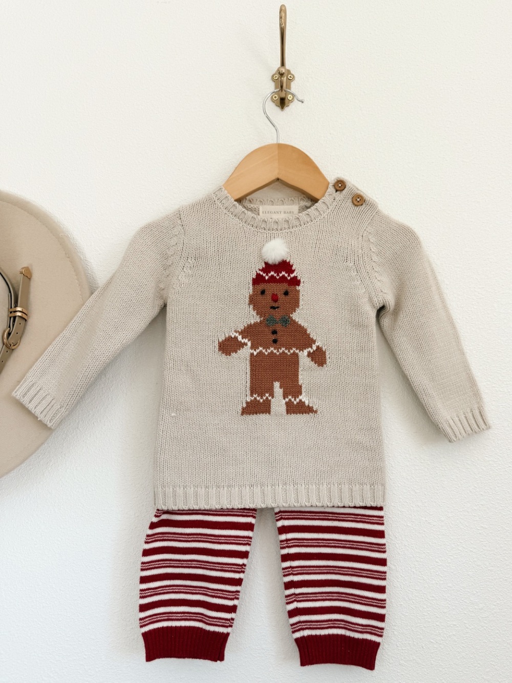Elegant Baby Holiday Gingerbread Sweater Set - Cream & Red